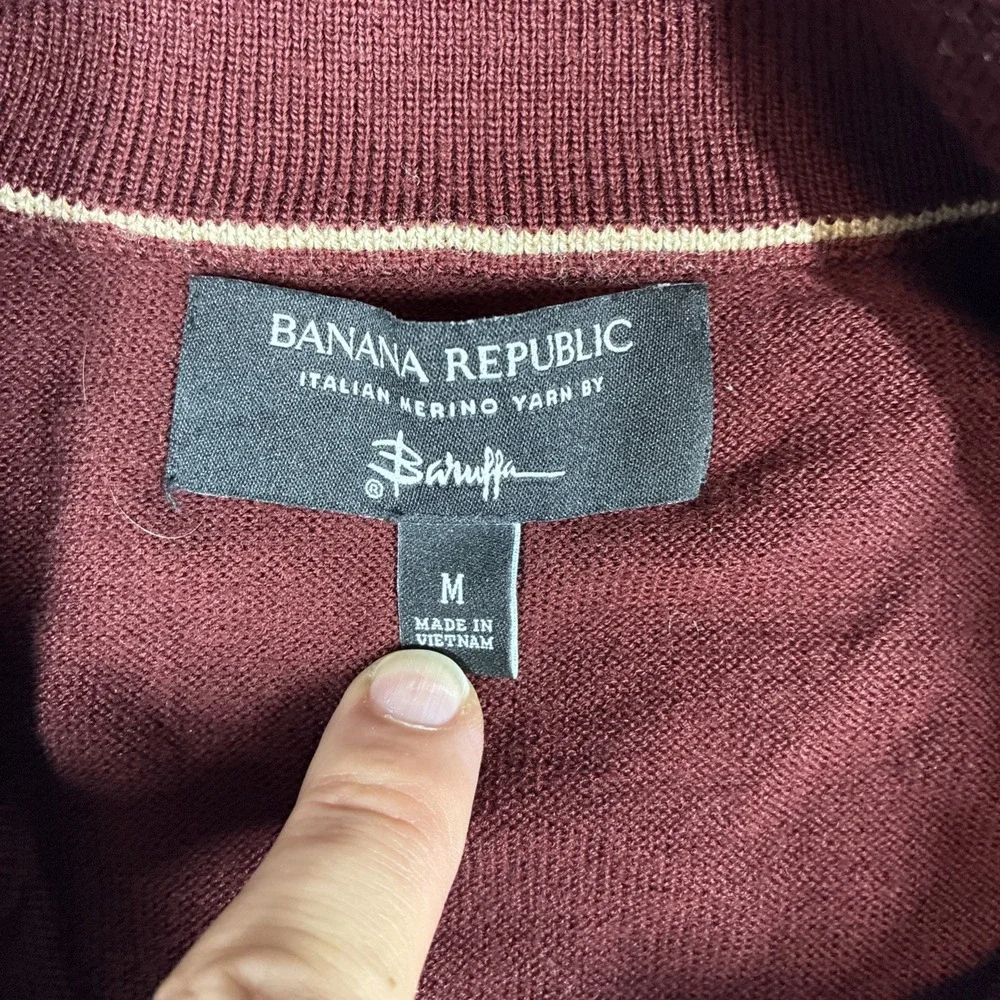 BANANA REPUBLIC Mens Italian Merino Wool 1/4 Zip Sweater Yarn Baruffa Red Medium